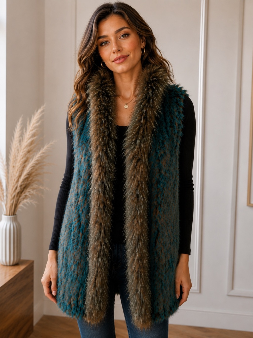 Hale Bob Rabbit Fur Vest with Genuine Fox Fur Trim Teal Blue Green Size Small